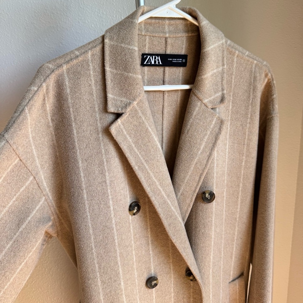Zara Long Teddy Stripped Coat Wool Blended Trench Sz M - Picture 10 of 14